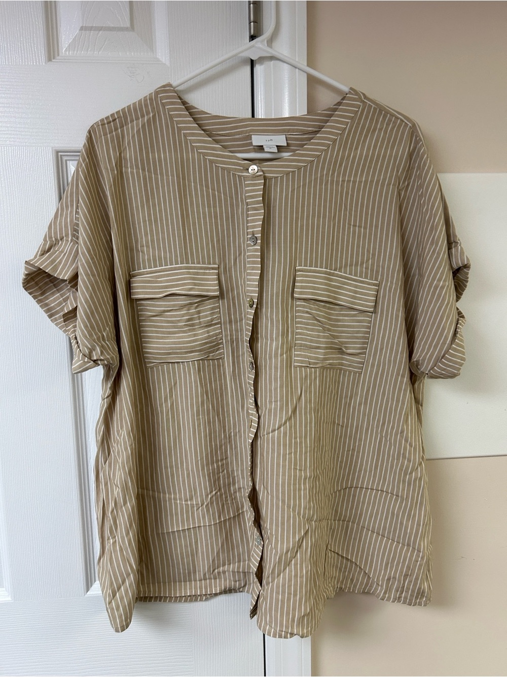 J.Jill Women's 100% Rayon Button Front Tan Stripe Short Sleeve Shirt